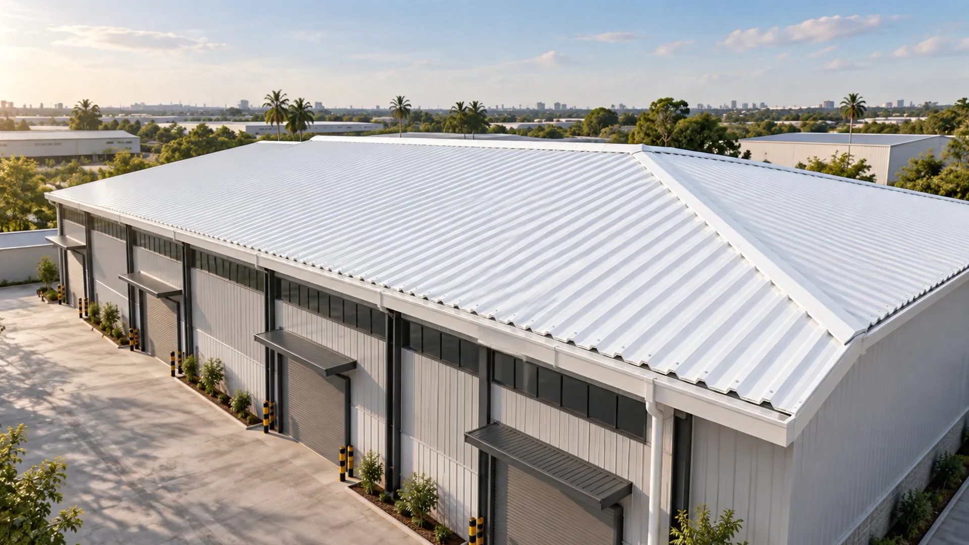 Visualization of white VASTROOF UPVC roofing on an industrial building