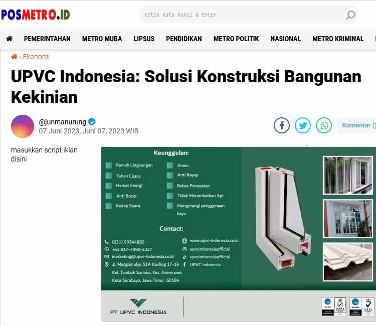 Screenshot of Posmetro coverage of UPVC Indonesia