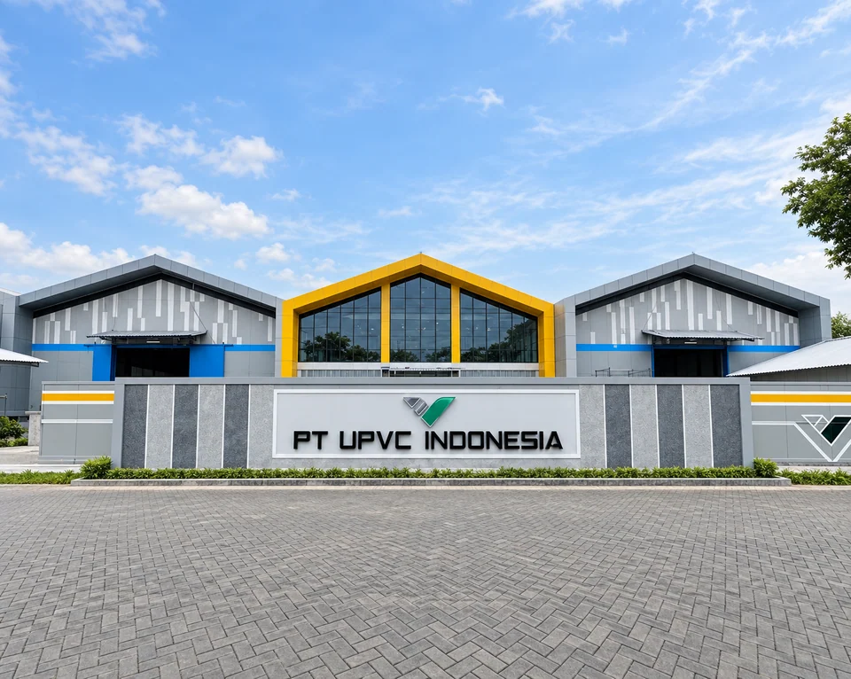 Visualization of the PT UPVC Indonesia factory facade, with a grey building and a yellow-framed entrance