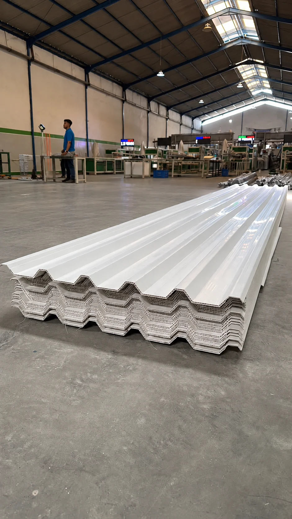 Stacked white VASTROOF roofing sheets in the factory production area